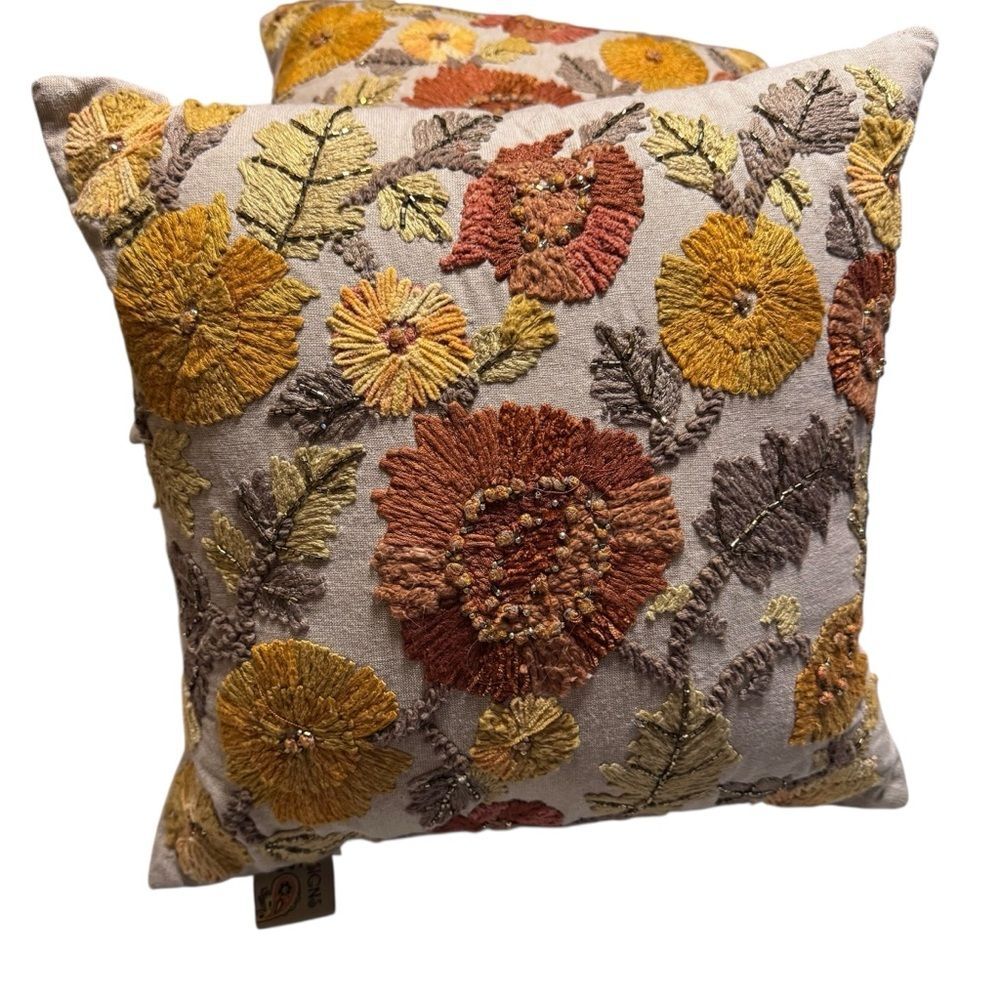 Floral Pillows Orange Yellow Tan Gold Couch Chair Bed LOT OF 2 16x16